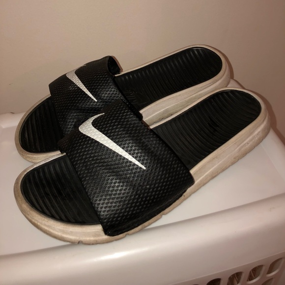 black white nike slides